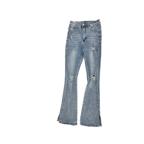 Shein Distressed Flare Slit Hem Women's size 4 Medium Wash Blue Denim Jeans - Picture 1 of 6